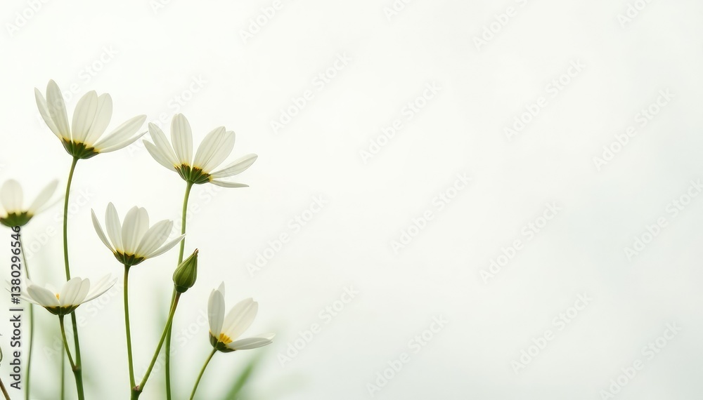 Fototapeta premium Delicate white wildflowers against a pure white backdrop , blossom, floral, pastel