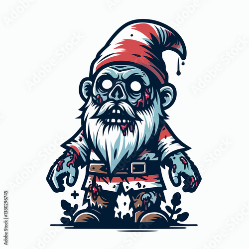 Zombified Garden Gnome: A spooky cartoon illustration of a zombie garden gnome, bloodied and eerie, standing amidst simple garden details, perfect for Halloween or spooky themes.