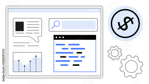 Interactive digital dashboard featuring search bar, graph, content boxes, cogwheels, and dollar icon. Ideal for data analysis, revenue growth, finance, SEO development strategy flat simple