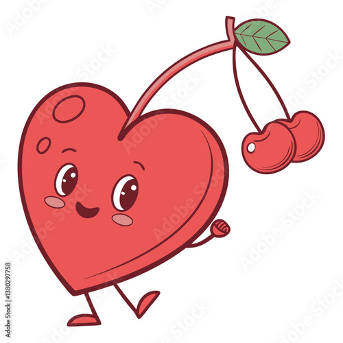 A cheerful red heart character walks happily while holding a pair of cherries. This kawaii design features a big smile and lively eyes, perfect for adding joy to any setting