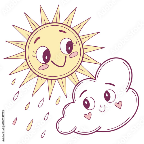 A charming kawaii sun smiles warmly while a friendly cloud floats nearby, sharing a delightful moment of companionship. Both characters exhibit sweet expressions and appeal to all ages