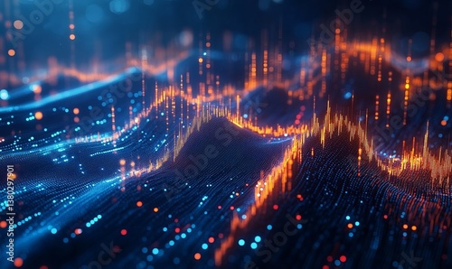 Abstract digital data landscape with flowing lights in blue and orange colors