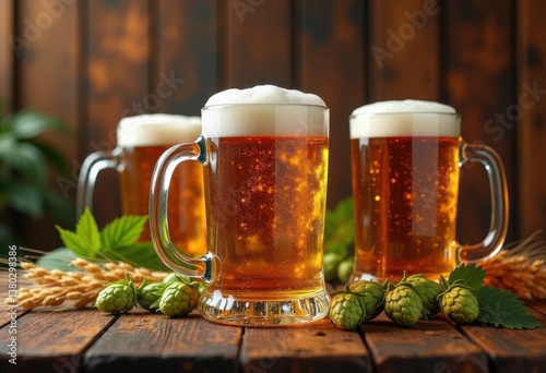 artisan craft beer mugs displayed hops barley rustic bar backdrop great aesthetic beverage culture, brew, brewery, glass, fermentation, foam, pint, suds