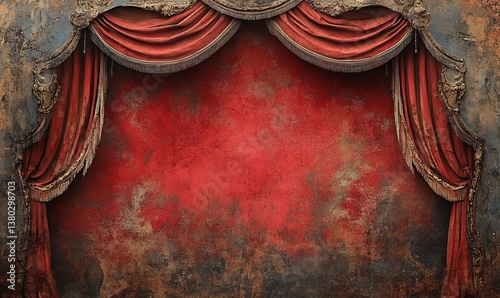 an elegant red stage curtain with an ornate frame, exuding a sense of grandeur and anticipation. The rich red curtain drapes gracefully, set against an aged backdrop