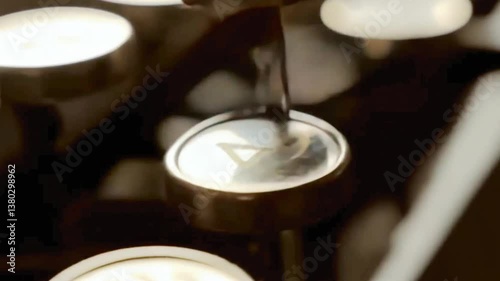 Close-up of a vintage typewriter key being pressing, highlighting the mechanical movement, shiny metal surface, and nostalgic charm of classic analog writing equipment


