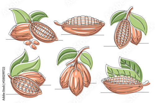 Cacao beans brown continuous one line drawing set. Outline cocoa pod plant icon collections isolated on a white background. Editable stroke. Vector illustration