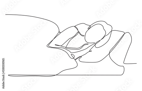 Continuous single line sketch drawing of woman sleeping on pillow bed one line lifestyle vector,  Female character is napping in bed.Continuous line drawing.