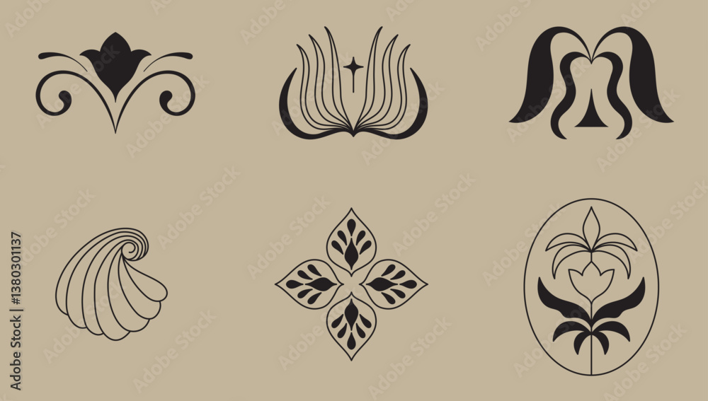 Obraz premium Vector set of logo design templates and graphic elements, organic cosmetics, floral illustration in simple linear hand drawn style, plants and flowers, natural products emblems