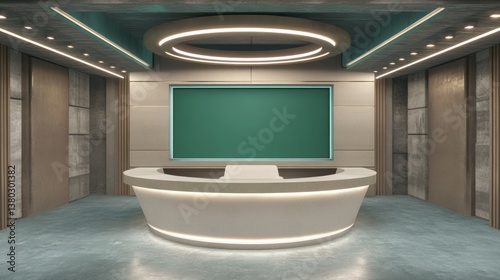 TV news presenter in a professional studio, bright lights and green screen setup, high-quality camera recording,Virtual TV studio with green screen, featuring minimalistic, modern design with stat of 