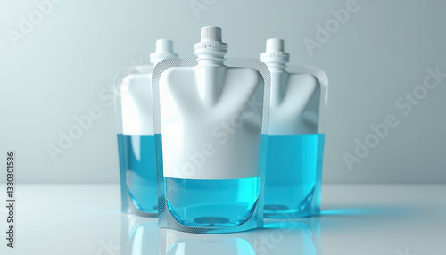 Wallpaper Mural Laundry detergent mockup. Three transparent detergent pouches with blue liquid on blue background Torontodigital.ca