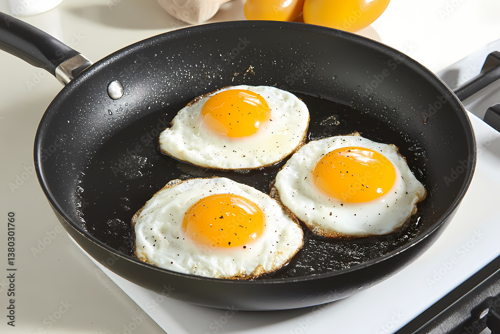 Chef cooking fried eggs in a frying pan on the stove Chef cooking fried eggs in a frying pan on the stove