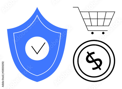 Blue shield with checkmark, shopping cart, and dollar coin emphasizing trust, commerce, investment, payment safety, e-commerce, business growth. Ideal for finance security themes flat simple