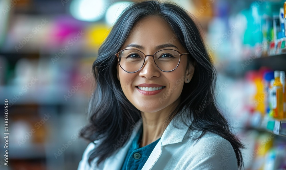 Obraz premium a portrait of a smiling woman, probably pharmacist wearing glasses in a pharmacy setting