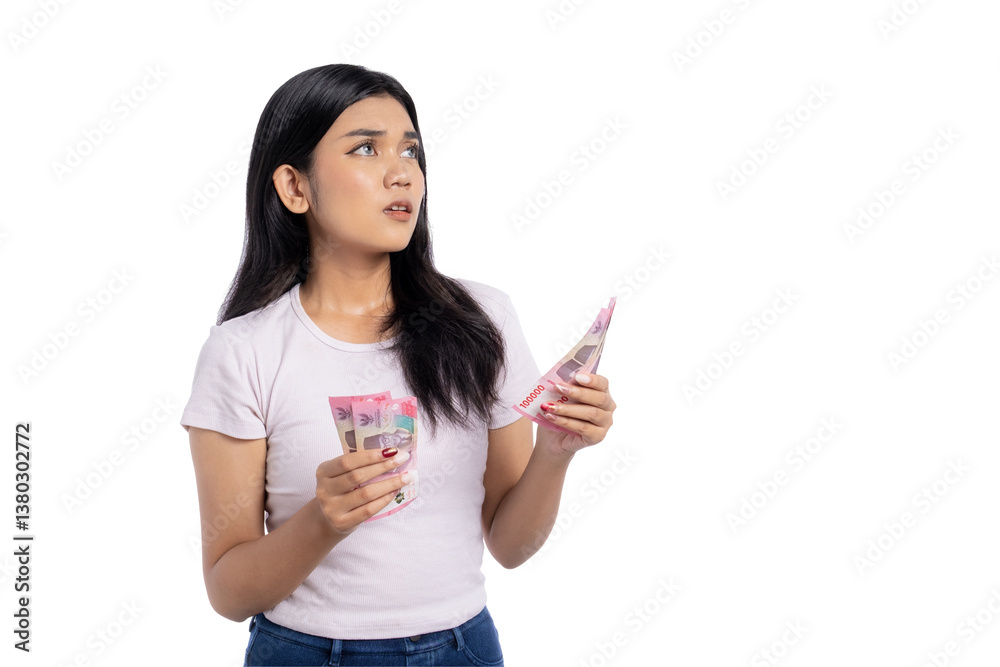 Worried young Asian woman holding Indonesian rupiah banknotes with concerned expression, isolated on transparent background Worried young Asian woman holding Indonesian rupiah banknotes with concerned expression, isolated on transparent background