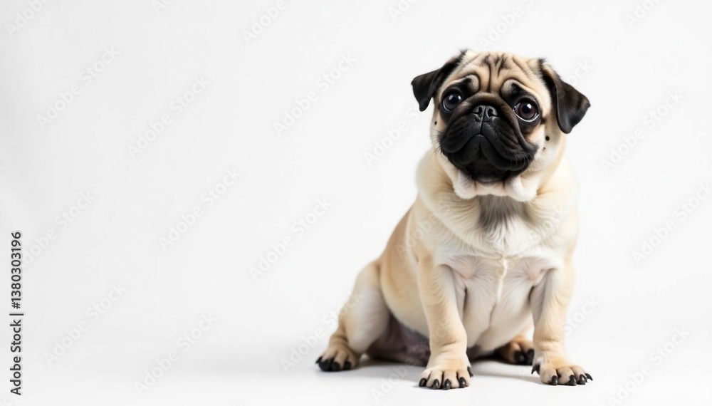 Obraz premium Adorable pug dog sits, isolated on white background, fawn, wrinkled, stock photo