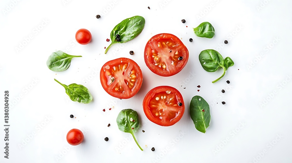 Tomatoes basil and pepper scattered on a white surface creating a vibrant culinary arrangement. Tomatoes basil and pepper scattered on a white surface creating a vibrant culinary arrangement.
