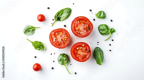 Tomatoes basil and pepper scattered on a white surface creating a vibrant culinary arrangement.