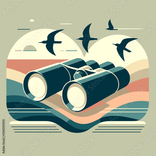 Vintage binoculars observing birds against a minimalist landscape  