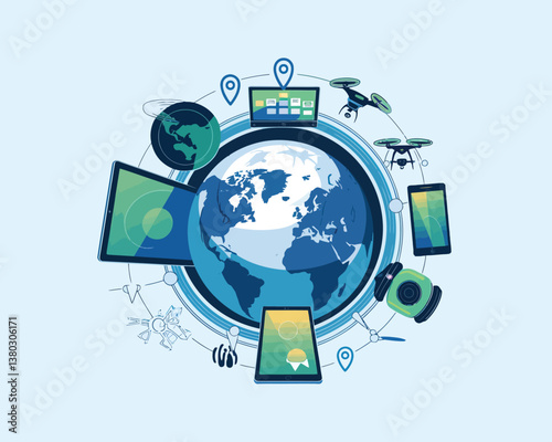 vector illustrative poster that celebrates global communication technology . Showcase a world travel by advanced communication systems.
