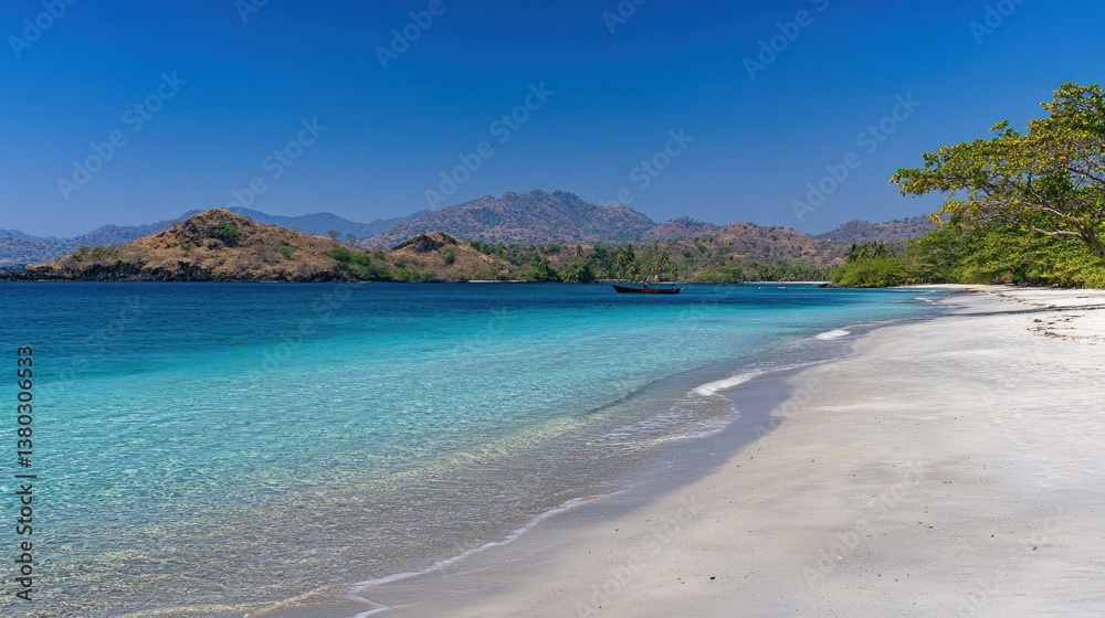 A beautiful turquoise ocean beach scene with surrounding mountains A beautiful turquoise ocean beach scene with surrounding mountains