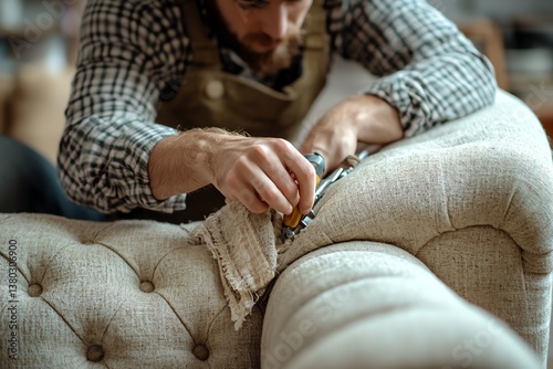 Upholsterer Repairing Fabric Sofa with Staple Gun in Workshop Interior