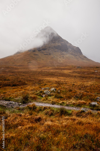 Obraz na płótnie Golden heather blankets the Scottish Highlands, where misty peaks rise above deep glens and serene lochs. Autumn’s glow paints a landscape of wild, untamed beauty. w salonie
