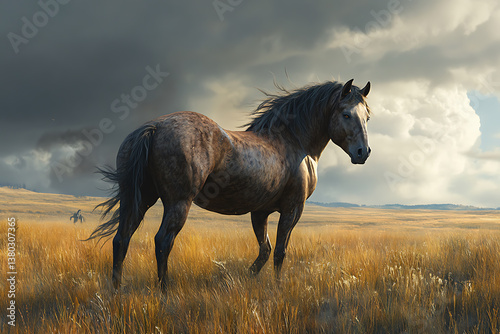 Beautiful horse standing in a grassy field at sunset