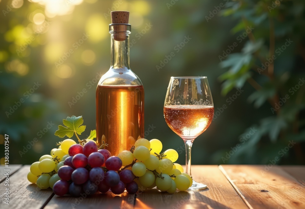 Fototapeta premium chilled wine bottle cork surrounded fresh grapes elegant arrangement refreshing beverage chill, liquid, glass, pair, wineglass, red, vintage, barrel