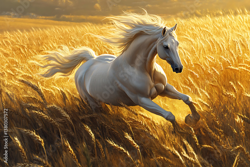 White Stallion Running in the Field