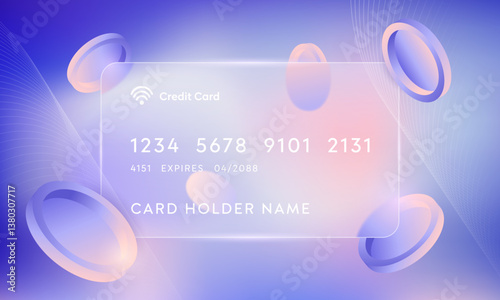 Glassmorphism Credit Card Template with Line Abstract Gradient Hologram Background. Plastic Glossy Glass Rectangle Transparent with Coins Elements Blur Effect. Futuristic Morphism Digital Banking.