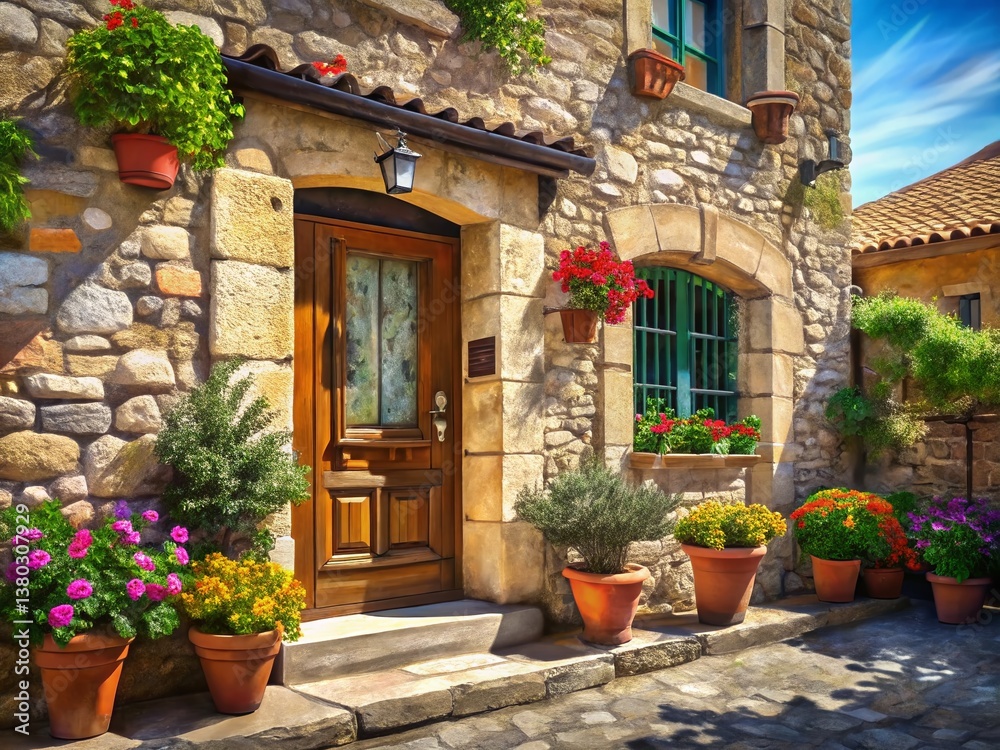 Fototapeta premium Gibraltar Cottage Exterior, Charming Stone Building, Sunny Day, Mediterranean Landscape