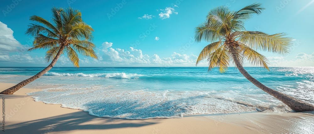 Naklejka premium Tropical beach relaxation with leaning palm trees under clear blue sky