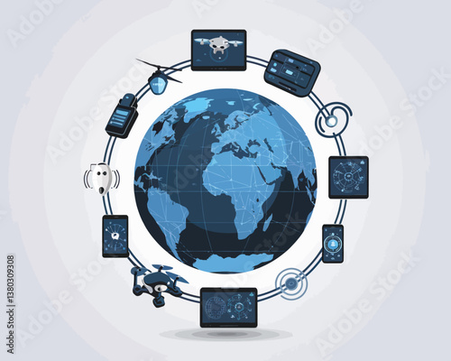 vector illustrative poster that celebrates global communication technology . Showcase a world travel by advanced communication systems.
