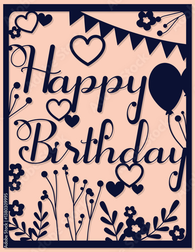 Paper cut style, greetings card, vector illustration of a happy birthday card. Shadow box layered card