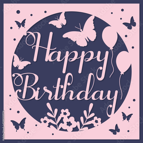 Paper cut style, greetings card, vector illustration of a happy birthday card. Shadow box layered card