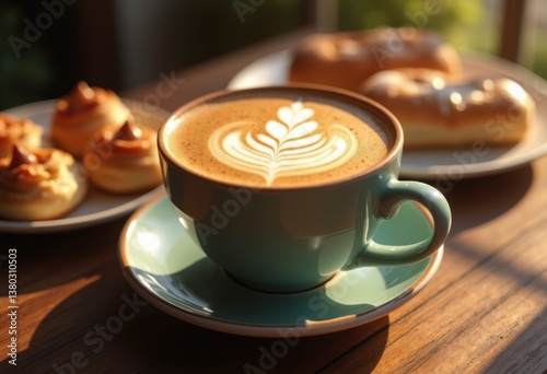 warm latte art creamy swirls ceramic mug still life cozy breakfast coffee beverage, espresso, drink, foam, milk, caffeine, table, textures, pattern, brew