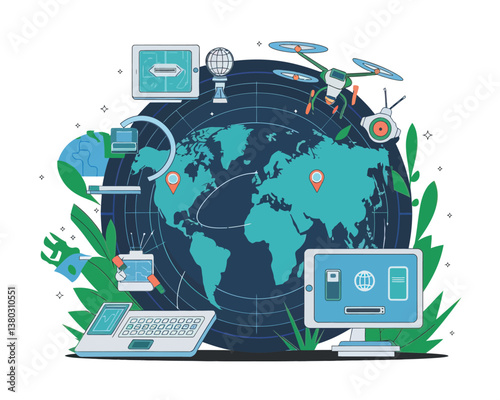 vector illustrative poster that celebrates global communication technology . Showcase a world travel by advanced communication systems.
