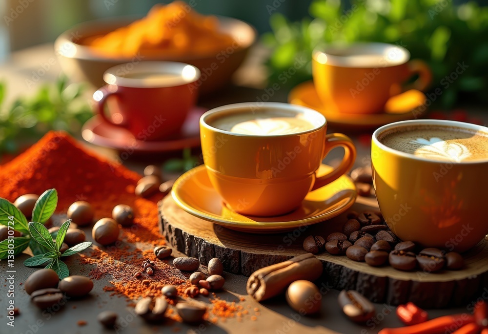 Fototapeta premium coffee cups vibrant spices herbs arrangement colorful display aroma flavors culinary art, tea, beverage, saucers, chili, pepper, parsley, basil, cinnamon