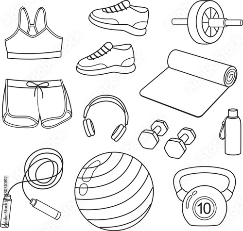 Set with sports equipment and clothing in doodle style. Linear illustration with fitness and gym accessories