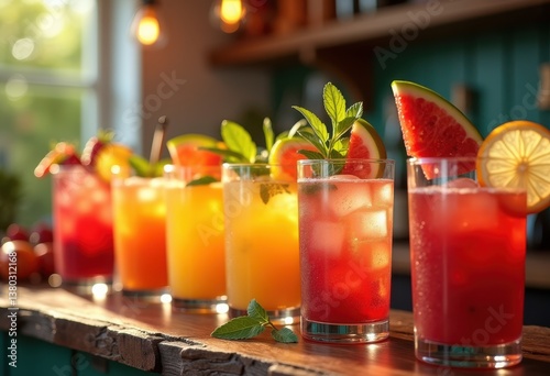 colorful cocktail arrangement fresh ingredients garnish mixology vibrant fruity beverages refreshing party drinks decorative presentations, glass, ice, straw