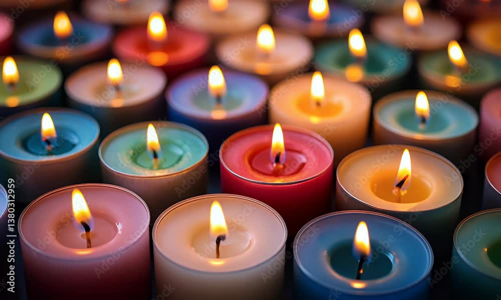 Array of lit, multicolored candles, arranged closely, casting soft light creating a warm, inviting atmosphere Array of lit, multicolored candles, arranged closely, casting soft light creating a warm, inviting atmosphere