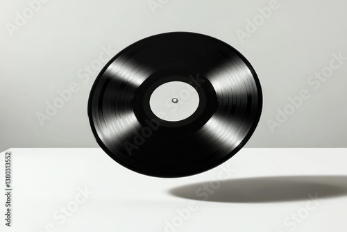 Floating black vinyl record showcases minimalist design and capt photo
