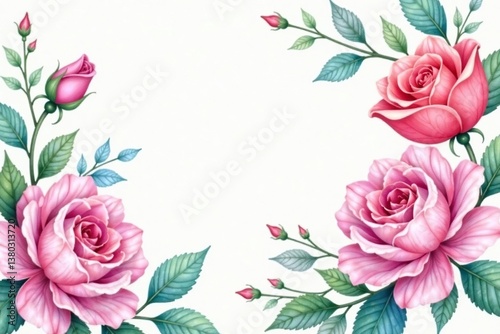 Delicate watercolor roses & leaves, pastel hues, texture, blossom, seamless background