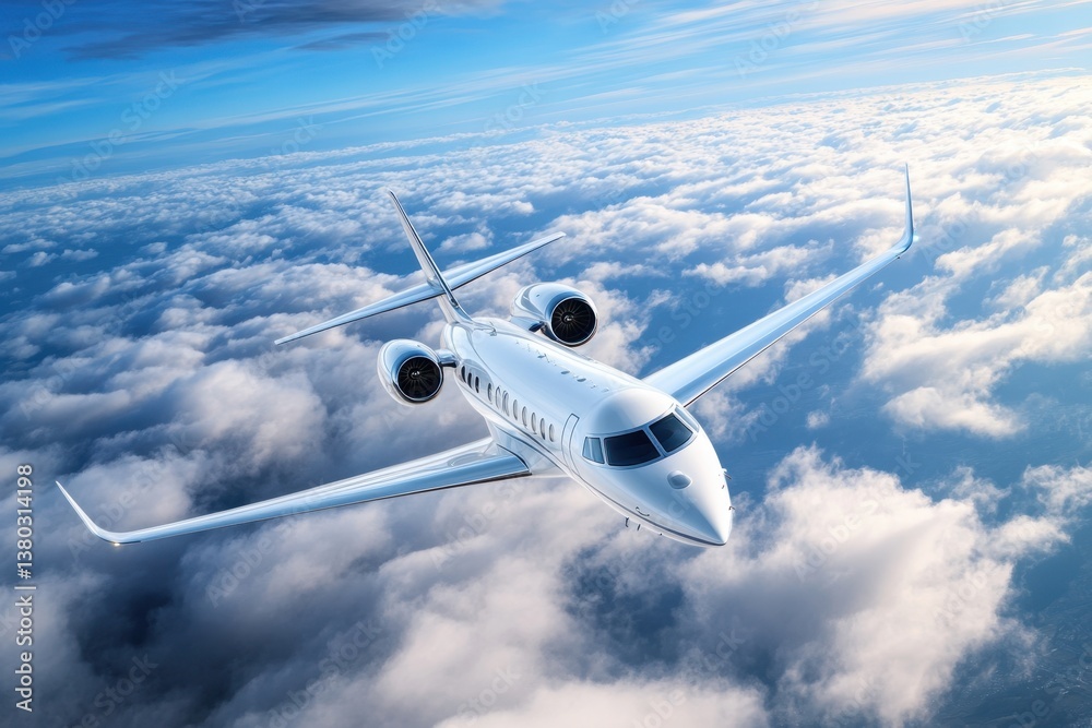 Private jet soaring high above fluffy clouds during a bright sunny day Private jet soaring high above fluffy clouds during a bright sunny day