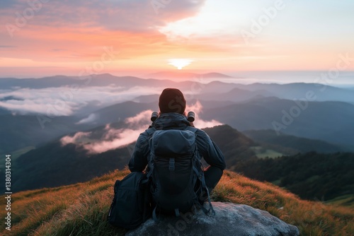 Colorful sunset captivates hiker on mountain summit, surrounded by rolling hills and clouds, during a serene evening adventure Generative AI