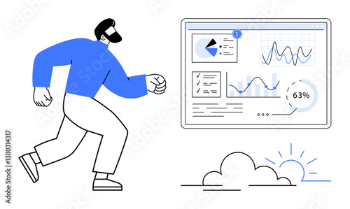 Energetic individual approaching an analytical dashboard featuring graphs, charts, and performance metrics. Ideal for business growth, data tracking, goal achievement, progress monitoring, analytics