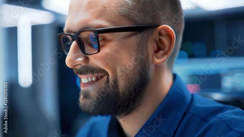 Close-up of smiling tech professional wearing glasses in modern office, confident software developer or cybersecurity expert focused on screen, innovation and success in IT workspace

