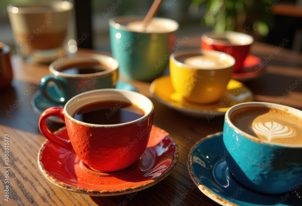 Fototapeta premium colorful drink cups arrangement textured table coffee tea refreshment vivid vessels bright colors, ceramic, beverage, shine, design, style, background