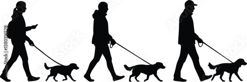 People walking their dogs on leashes in a black and white silhouette of outdoor bonding