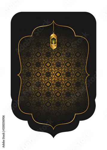 Islamic Arabic Pattern and Shape Design for Background Poster, Banner, Garland, Bunding, Slinger, Greeting Card, Black Gold Color with Golden Lantern.